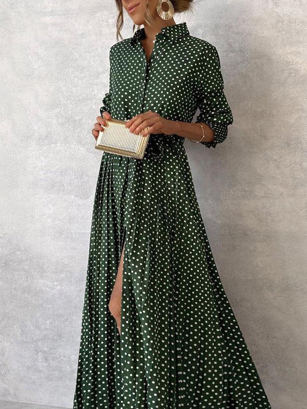 Women's Long Sleeve Spring/Fall Green Polka Dots Shirt Collar Daily Elegant Maxi Dress
