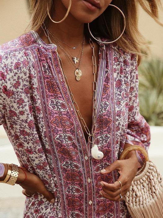 5 Farben Sommer Bohemien Stil V-Ausschnitt Sexy Print Weberei Kleid