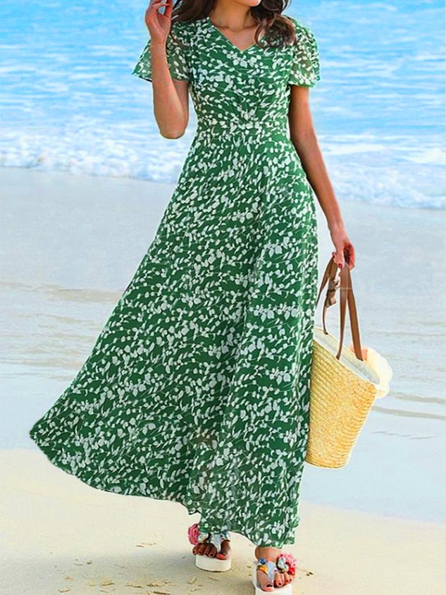 Düster Geblümt Kurzarm V-Ausschnitt Urlaub Lang Kleid