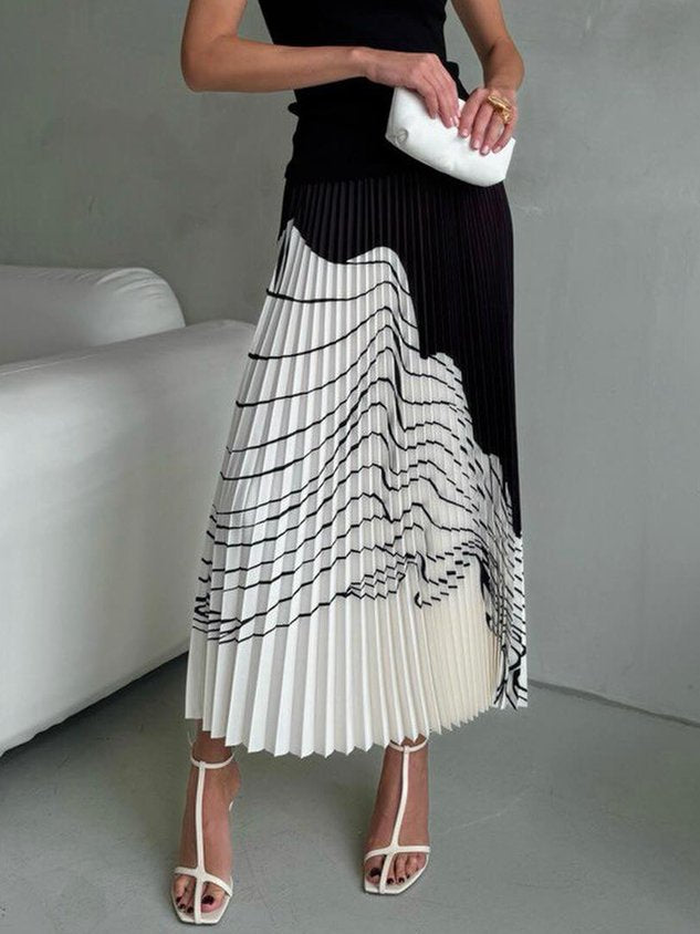 Color Block High Waist Urban Pleated Skirt
