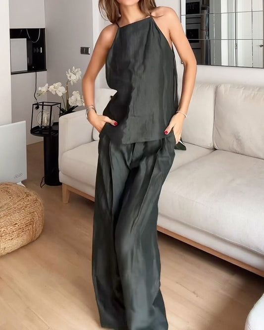 Sleeveless solid color two piece set