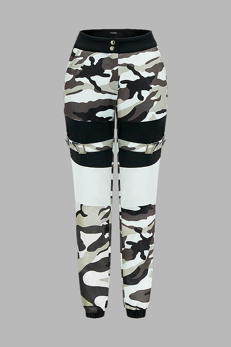 Colorblock Camo Pattern Buckle Detail High Rise Cargo Pants