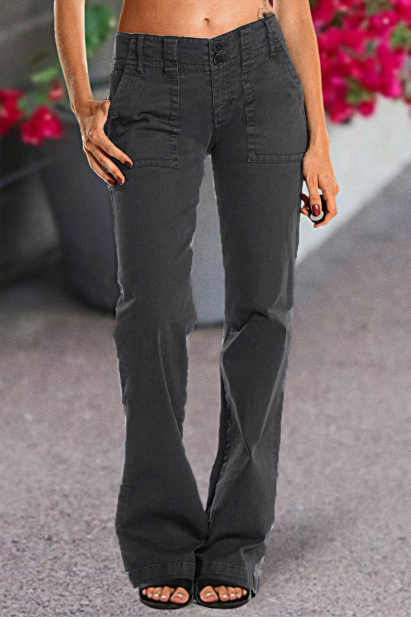 Double Button Mid Waist Straight Leg Pants