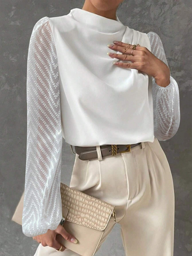 Women Mock Neck Mesh Long Sleeve Elegant Blouse