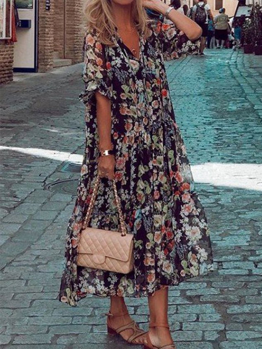 V-Ausschnitt Jacquard Kurzarm Weberei Kleid