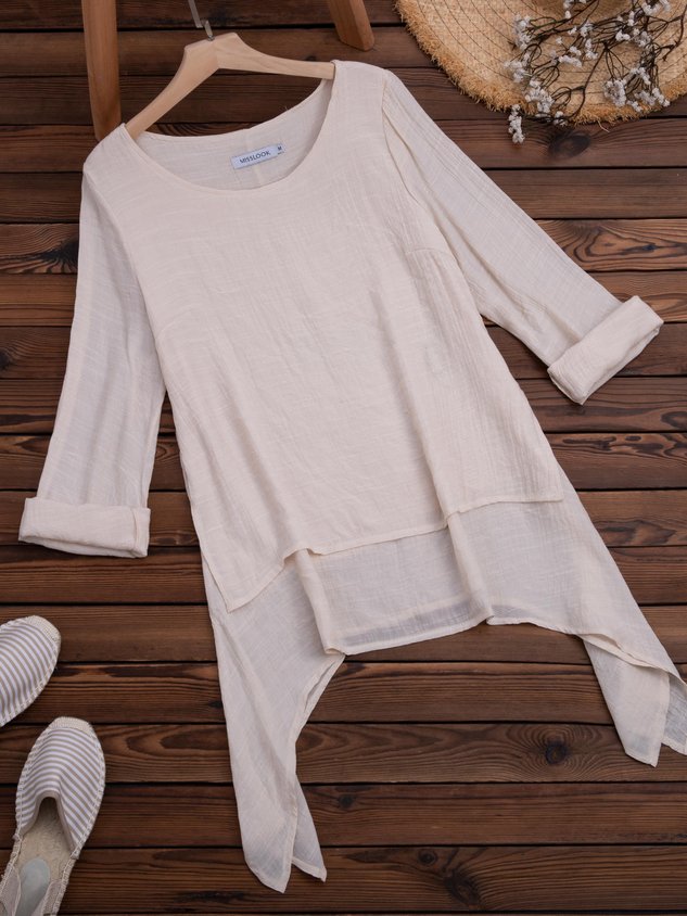 JFN Cotton-blend Round Neck Solid Hi-Lo Basic Tunic Top