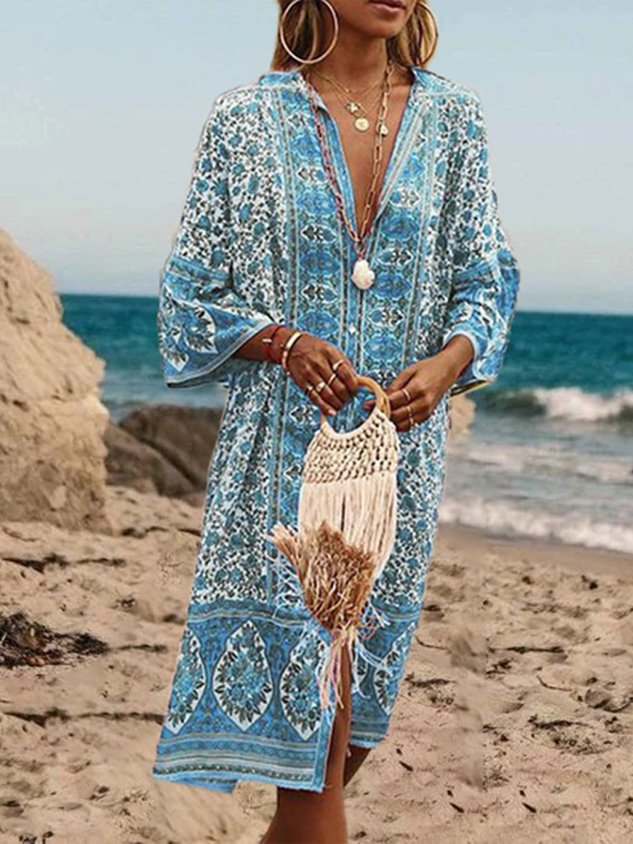 5 Farben Sommer Bohemien Stil V-Ausschnitt Sexy Print Weberei Kleid