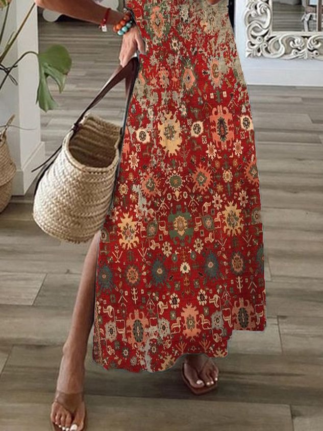 Ethnisch Lässig Retro V-Ausschnitt A-Linien Schlitz Kurzarm Kleid