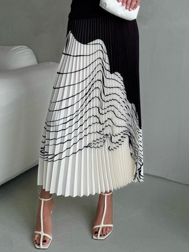 Color Block High Waist Urban Pleated Skirt