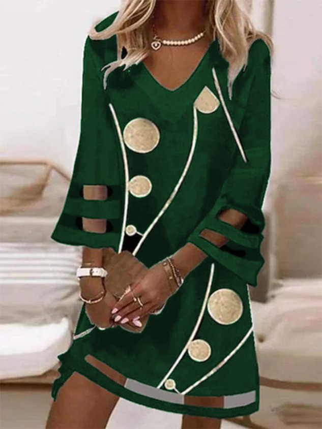 Lässig Geometrisch V-Ausschnitt 3/4 Ärmel Weit Kleid