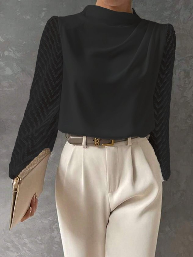Women Mock Neck Mesh Long Sleeve Elegant Blouse