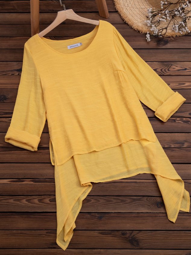 JFN Cotton-blend Round Neck Solid Hi-Lo Basic Tunic Top