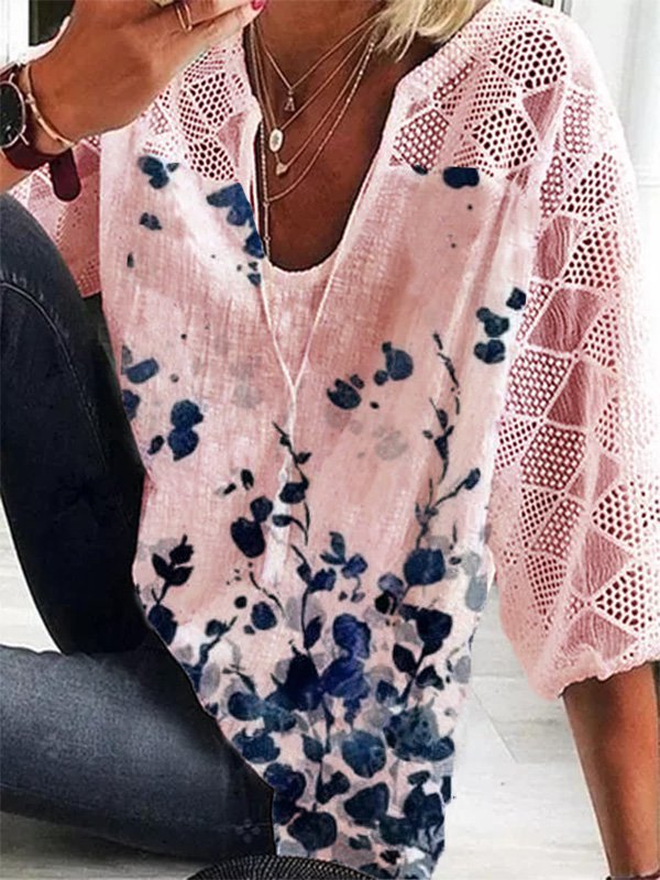 JFN Floral-Print 3/4 Sleeve Casual Tops