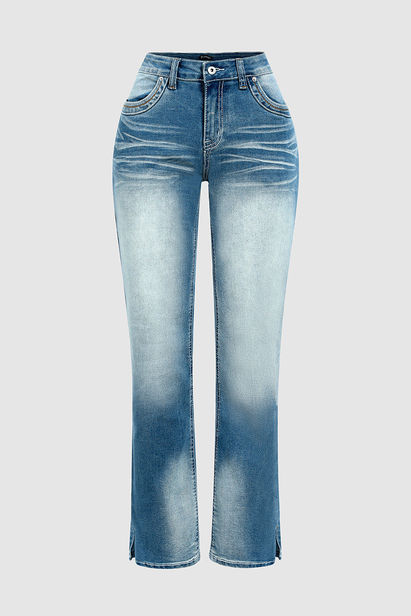 Washed Stretchy Split Hem Mid Rise Bootcut Jeans