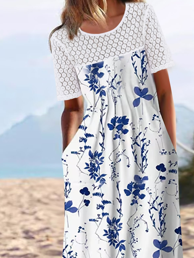 Lässig Blumenmuster Patchwork Spitze Rundhals Kleid