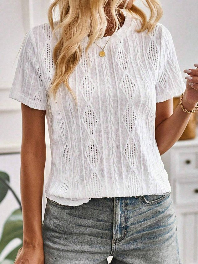Buttoned Simple Plain Crew Neck Blouse