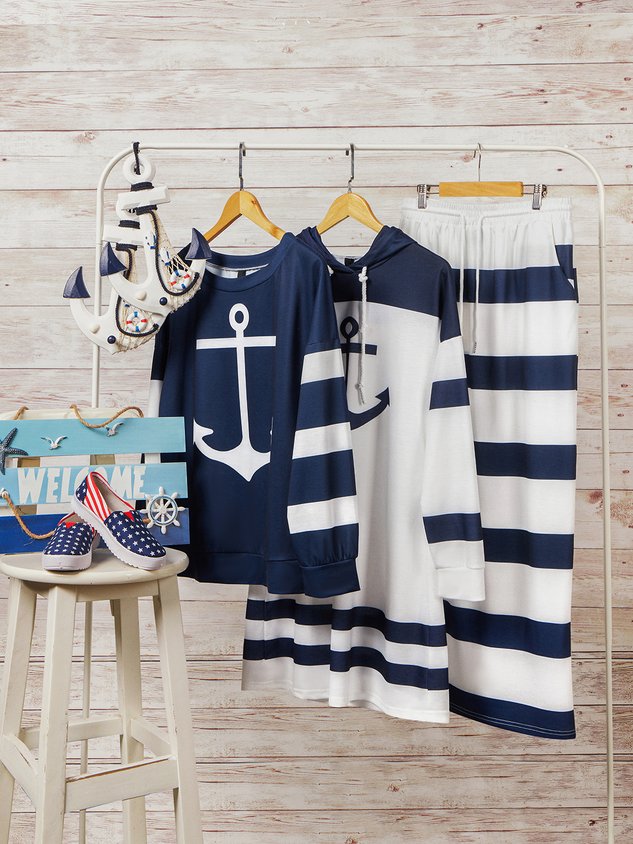 JFN Boat Anchor Printed Casual Long Sleeve Hooded Nautical Dress
