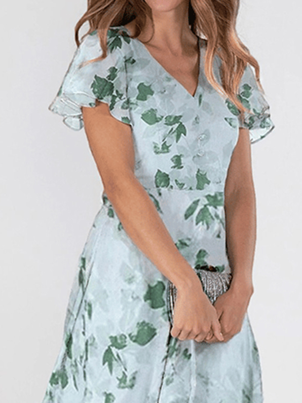 Women's Short Sleeve Summer Floral Chiffon V Neck Ruffled Sleeves Daily Going Out Elegant Maxi A-Line Dress Aqua