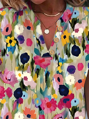 Women's Short Sleeve Blouse Summer Floral V Neck Daily Going Out Casual Top Pink