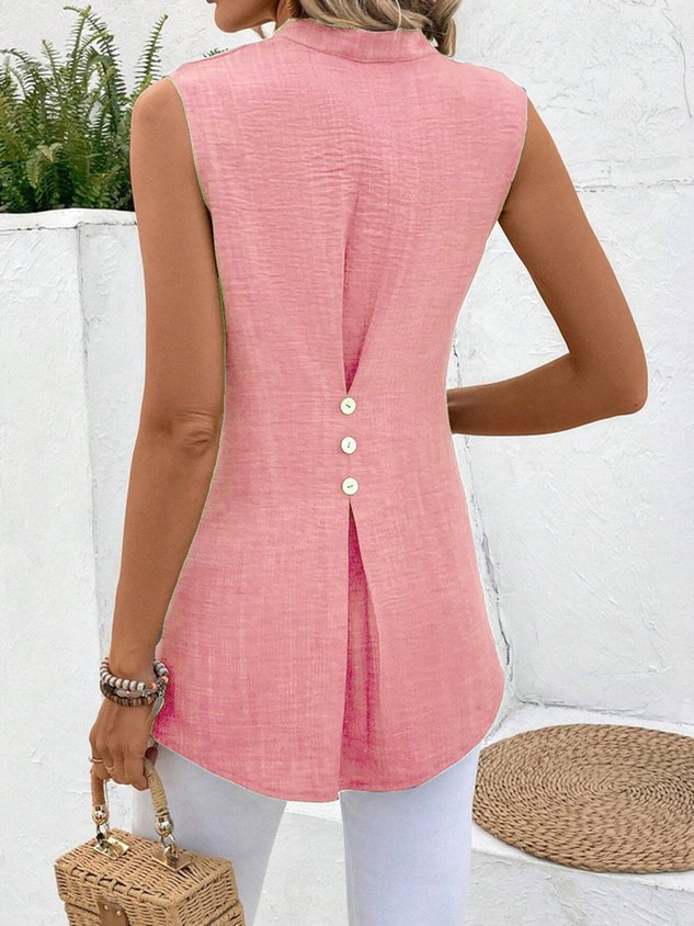 V Neck Buttoned Simple Tunic Tank Top Blouse