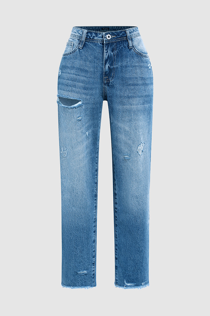 Jeans rasgados com bainha crua e cintura média e perna reta