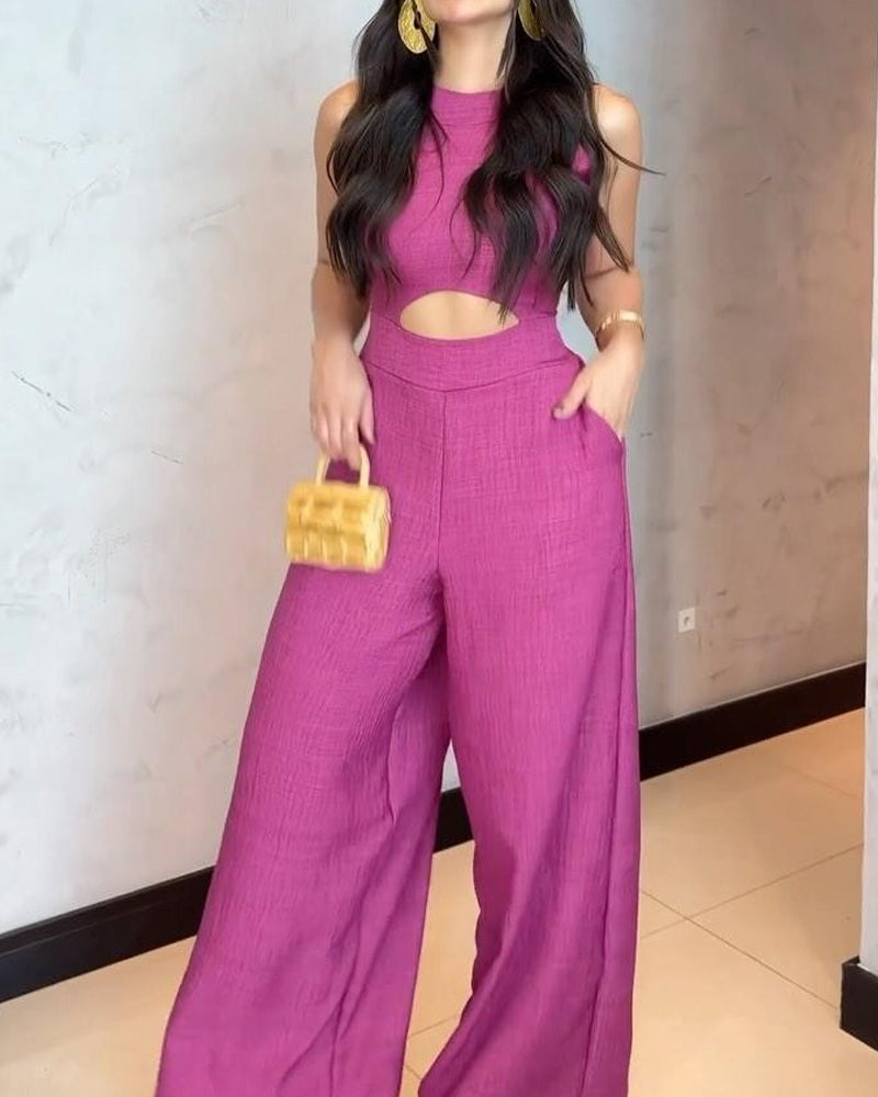 Sleeveless solid color hollow jumpsuit