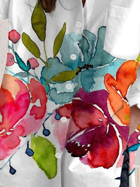 Women's Long Sleeve Shirt Spring/Fall Floral Shirt Collar Daily Going Out Casual Top White
