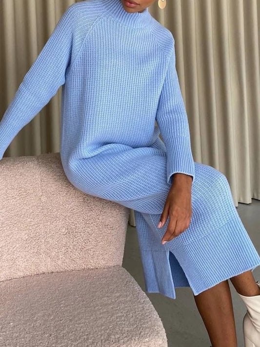 Hoher Kragen Raglanärmel Gestrickt Midikleid Mit Seite Spaltt