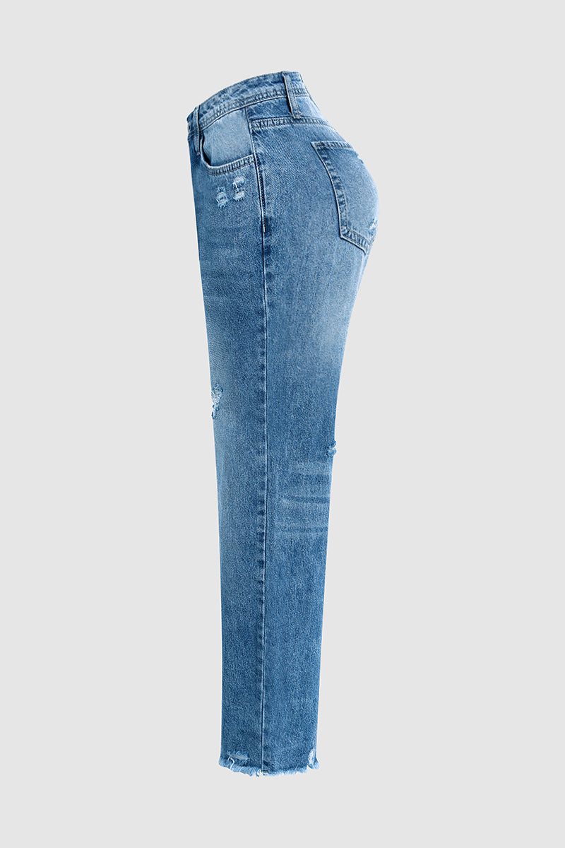 Jeans rasgados com bainha crua e cintura média e perna reta
