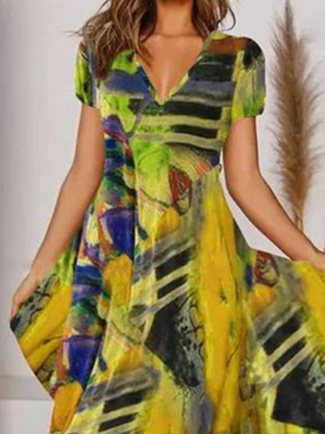 Böhmisch Print V-Ausschnitt Geblümt Weberei Kleid