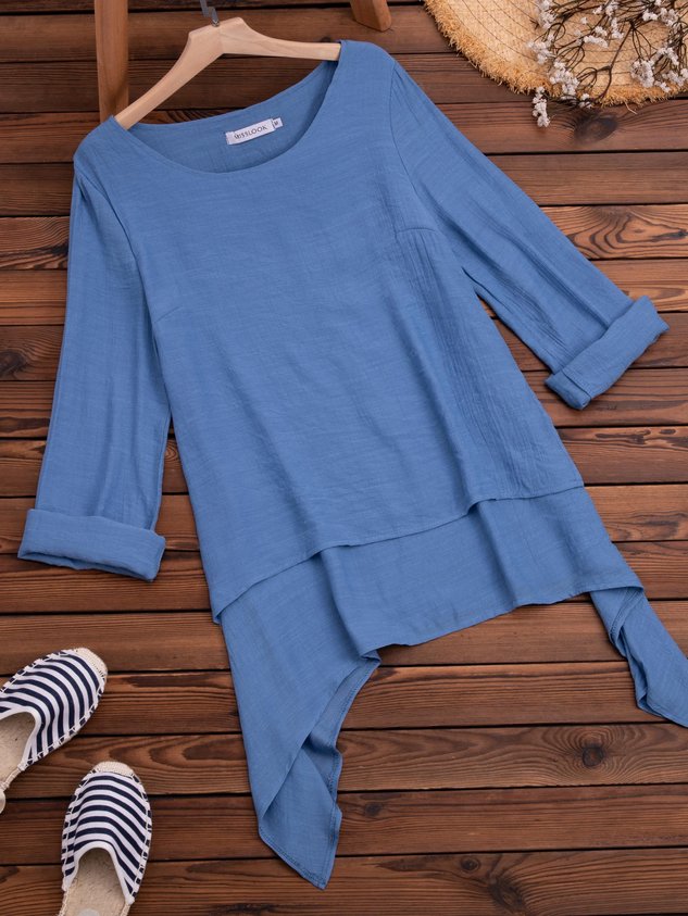 JFN Cotton-blend Round Neck Solid Hi-Lo Basic Tunic Top