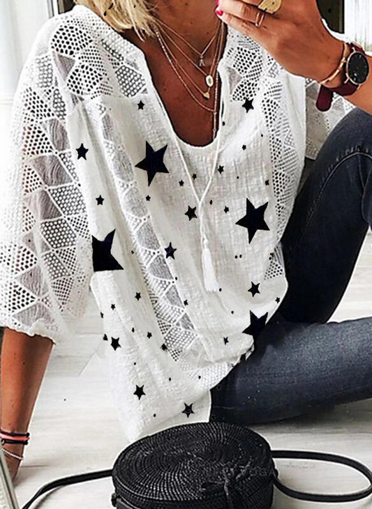 Star  Half Sleeve Shift V Neck Holiday Tops