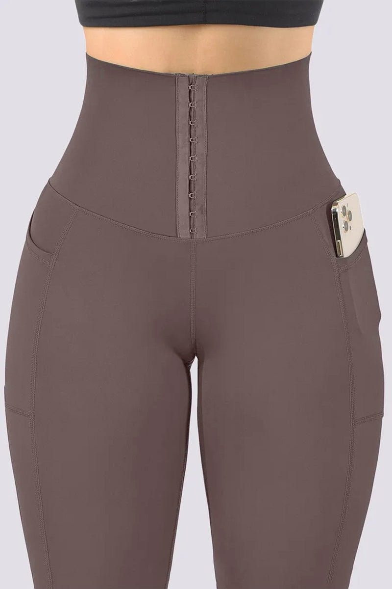 Steel Boned Pocket Side Stitch Trim Wide Waistband Sports Leggings