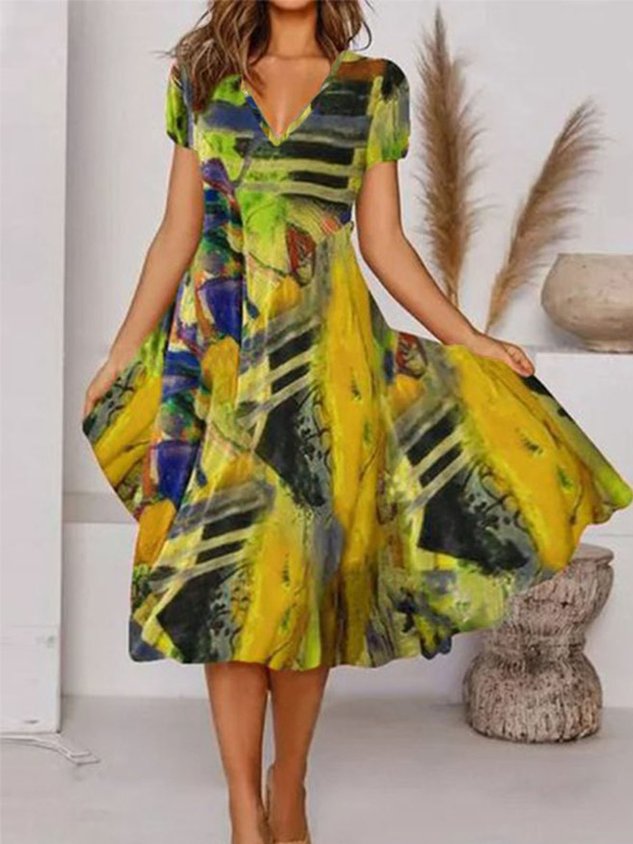 Böhmisch Print V-Ausschnitt Geblümt Weberei Kleid