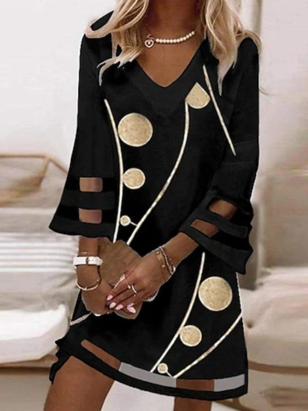 Lässig Geometrisch V-Ausschnitt 3/4 Ärmel Weit Kleid