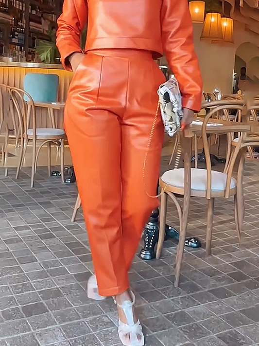 Regular Fit Micro-Elasticity Urban Pu Faux Leather Pants Straight pants