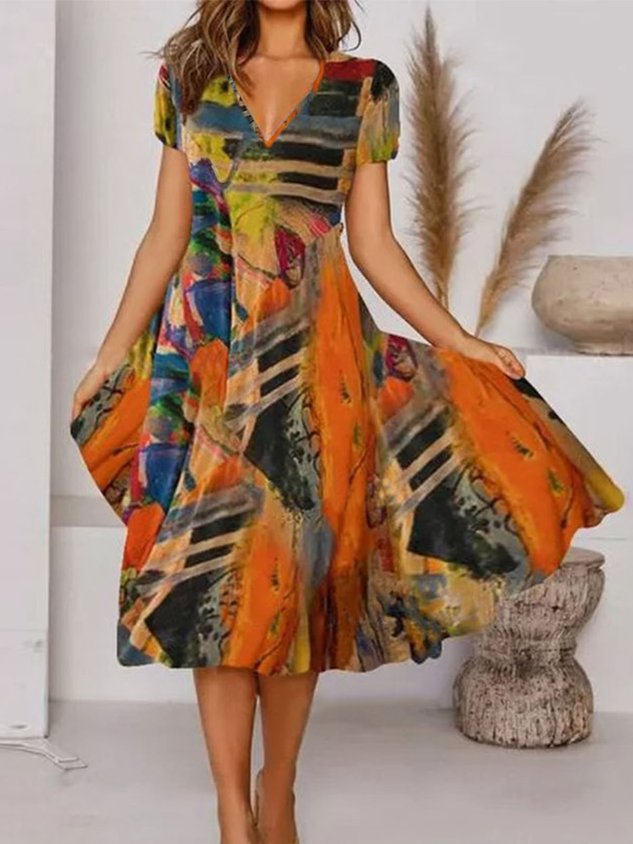 Böhmisch Print V-Ausschnitt Geblümt Weberei Kleid