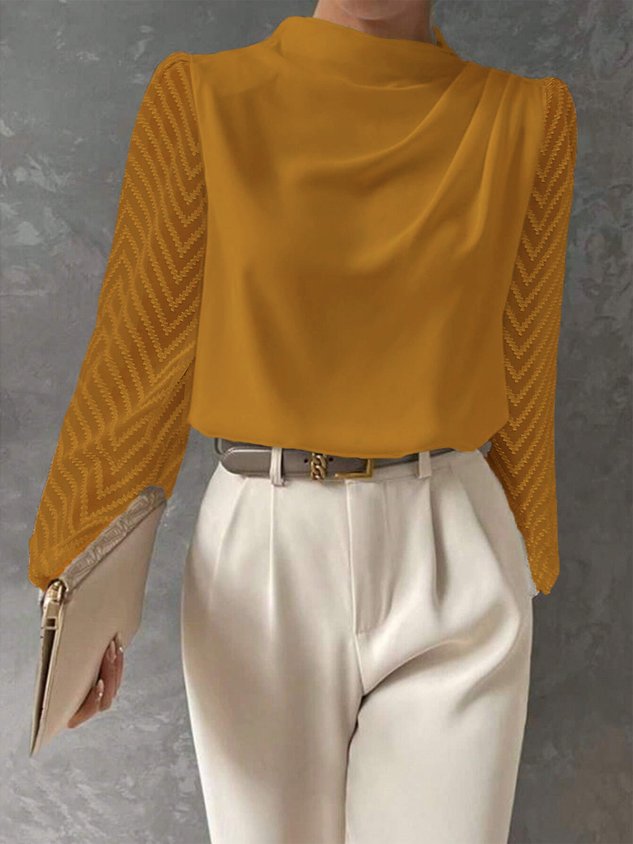 Women Mock Neck Mesh Long Sleeve Elegant Blouse