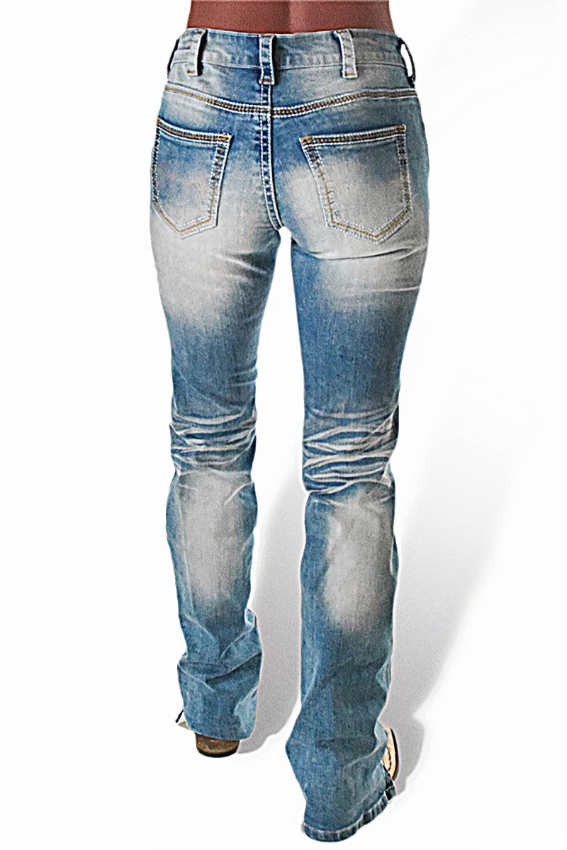 Washed Stretchy Split Hem Mid Rise Bootcut Jeans