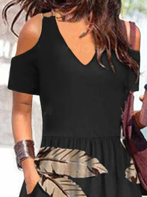 Locker V-Ausschnitt Kurzarm Stricken Kleid