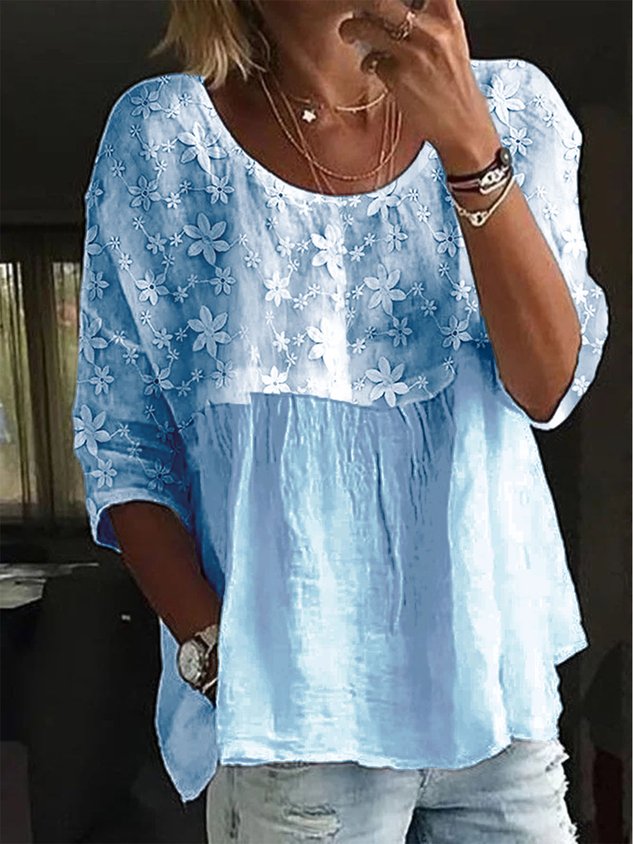 JFN Cotton-blend Lace Embroidery Patchwork Loose Crew Neck Split Joint Blouse