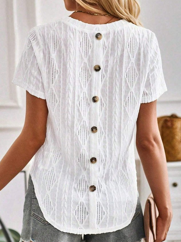 Buttoned Simple Plain Crew Neck Blouse