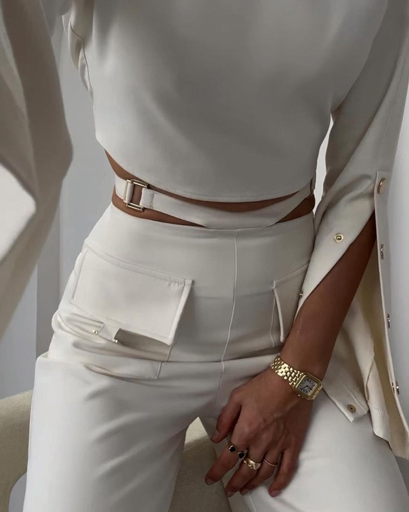 Solid color crossover two-piece set with high collar and long sleeves