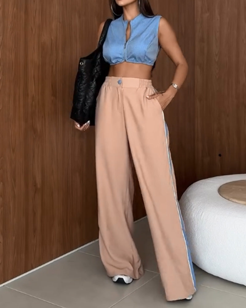 Stand collar casual sleeveless solid color two piece suit