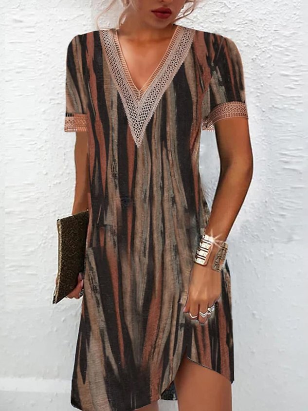 Spitze Abstrakt Lässig V-Ausschnitt Kleid