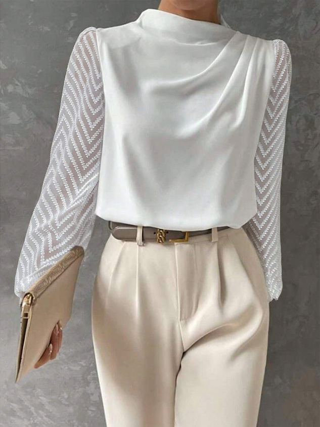 Women Mock Neck Mesh Long Sleeve Elegant Blouse