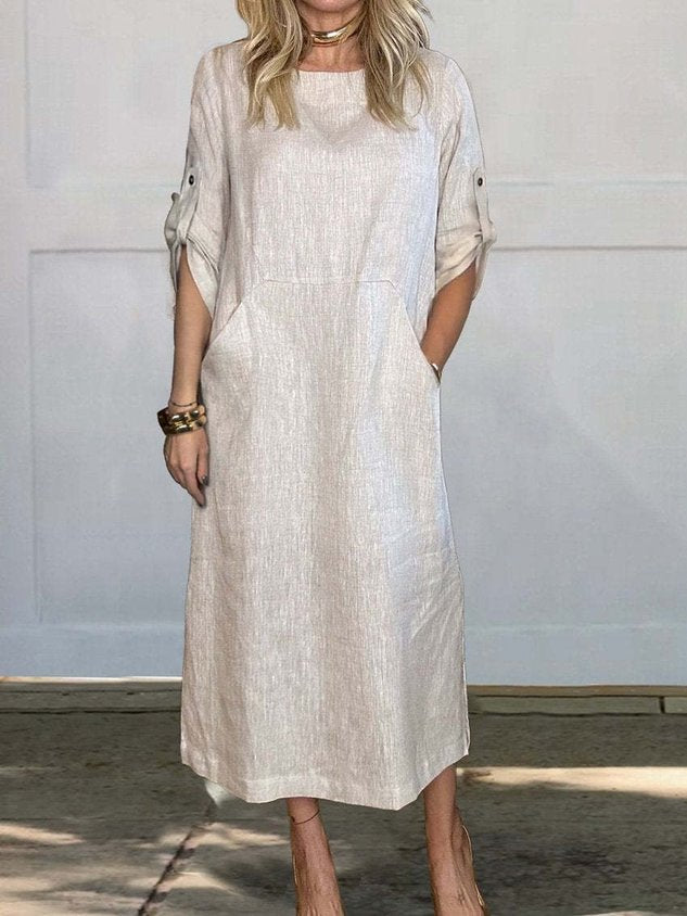Women's Half Sleeve Summer Plain Dress Crew Neck Daily Going Out Casual Maxi H-Line White