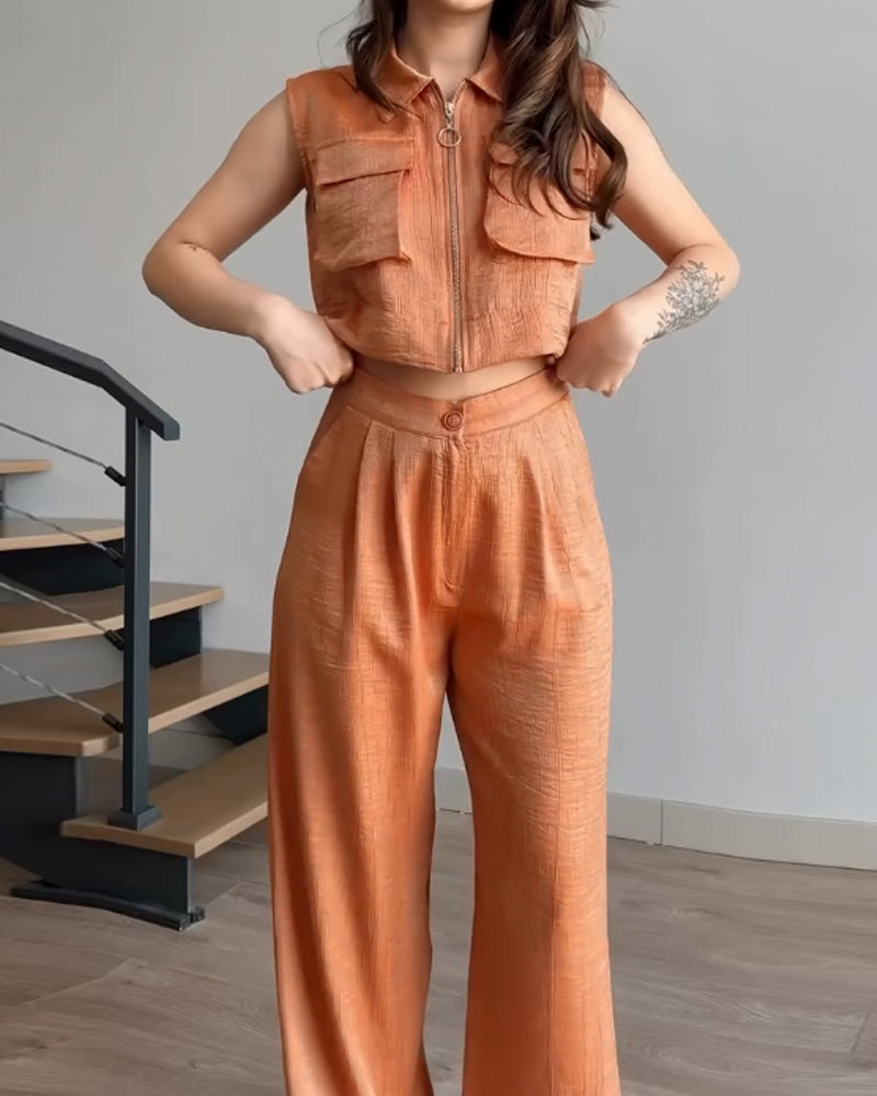 Lapel sleeveless solid color two-piece suit