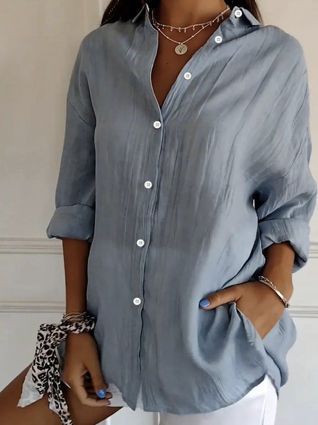 Women's Long Sleeve Shirt Spring/Fall Plain Cotton Shirt Collar Daily Going Out Casual Top Black