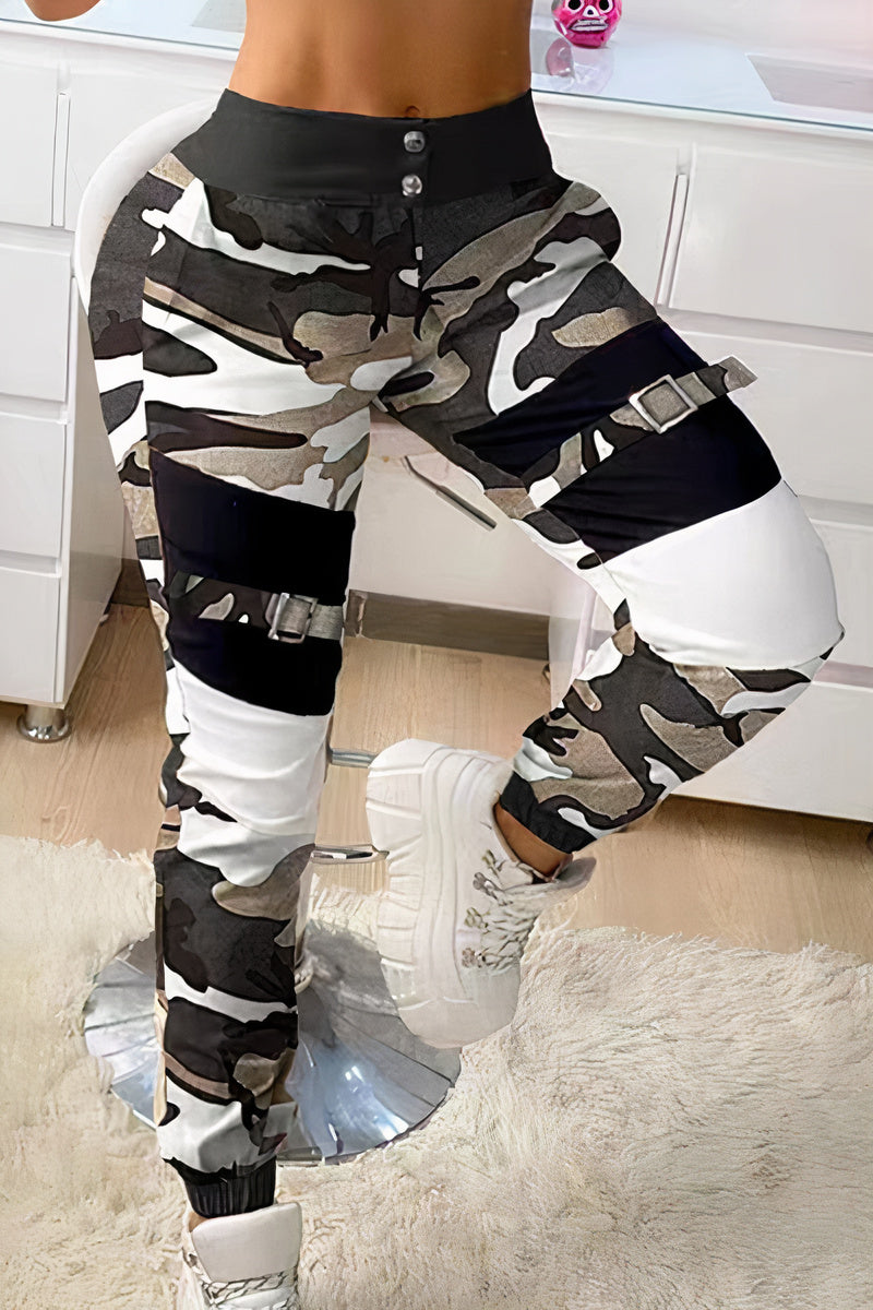Colorblock Camo Pattern Buckle Detail High Rise Cargo Pants
